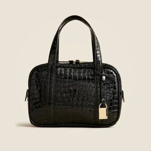 J.Crew J Crew Bowler Bag Croc-embossed In Luxe Black Leather Purse Handbag